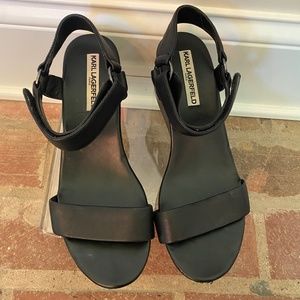 Karl Lagerfeld Paris Lana Platform Wedge Sandal Black Leather Size 9